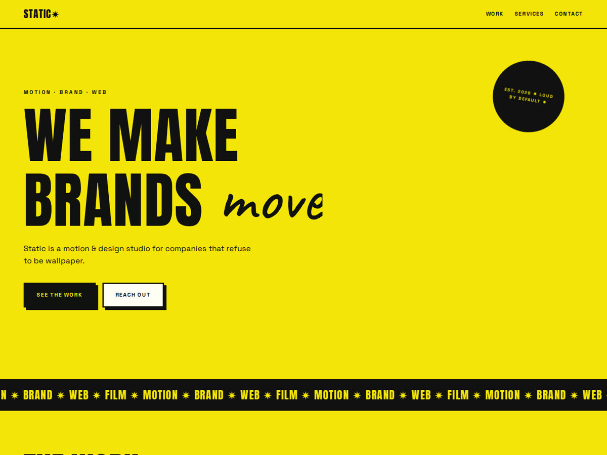 Static design homepage — huge black headline on electric yellow with a spinning sticker badge