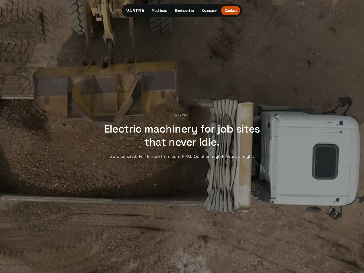 Vantra design homepage — aerial machinery hero with a floating pill navigation